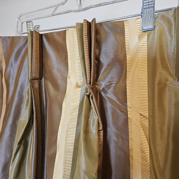 Two custom panels green taupe cream striped tafetta pleated lined drapes 56x95" - Picture 4 of 9